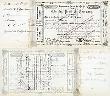 Action de Charles Pratt & Company de 100 $, émise le 2 avril 1883 à New York au nom de H. H. Rogers et endossée au verso de sa main