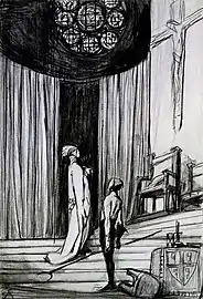 Décor conçu par Charles Ricketts pour la scène entre Warwick et le bourreau, 1924.