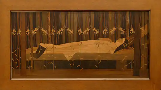Sainte Odile sur son lit de mort, panneau de marqueterie (vers 1900).