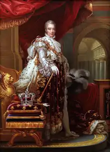 Portrait de Charles X en habits de sacre dont le manteau bleu fleurdelisé.