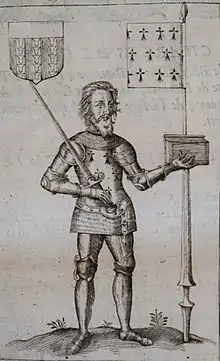 Dessin noir et blanc d'un homme en armure, tête nue tenant un livre à main gauche.