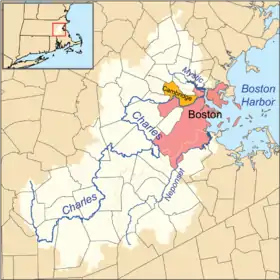 Carte des bassins versants des cours d'eau Charles, Mystic et Neponset