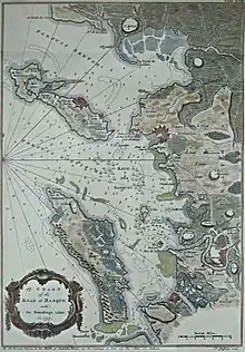Carte montrant une côte avec 2 îles allongées à sa gauche.