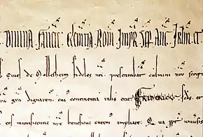 Texte médiéval latin écrit en lettres gothiques. Le nom « Mollesheim » apparaît à la seconde ligne.