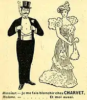 Dessin publicitaire représentant un monsieur en habit et une dame en robe de soirée, tenant les propos rapportés ci-contre.