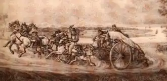 Lithographie représentant un attelage paysan à cinq ou six chevaux au trot dans une montée.