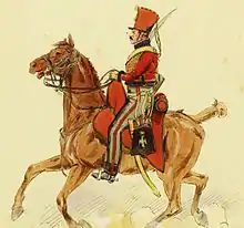 Cavalier de profil, vêtu d'une coiffure et d'une veste bordée de fourrure rouges, sabre à la main.