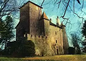 Vue d’un château avec une tour carrée dans un parc arboré.
