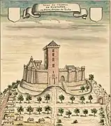Illustration en noir et blanc d'un château-fort.