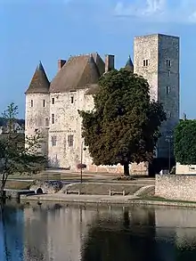 Photo d'un château à tours rondes et à donjon carré au bord d'une rivière