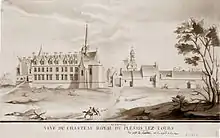 Gravure noir et blanc. Corps de logis de deux étages, prolongé d'une chapelle.