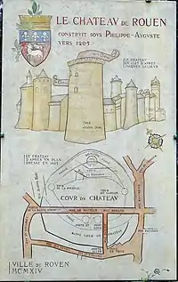 Le château de Rouen (vers 1205), plaque à l'extérieur de la tour Jeanne-d'Arc., d'après le Livre des Fontaines (1525) et le plan Gravois (1635).
