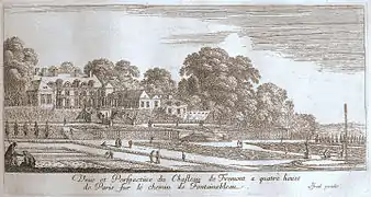 Vue et perspective du chasteau de Frémont à quatre lieues de Paris sur le chemin de Fontainebleau. Milieu du XVIIe siècle.