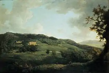 Dans un vaste paysage de prairies et de bosquets, Chatsworth tel qu'il était au XVIIIe