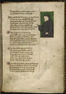Portrait à droite d'un homme en noir, manuscrit ancien à gauche.