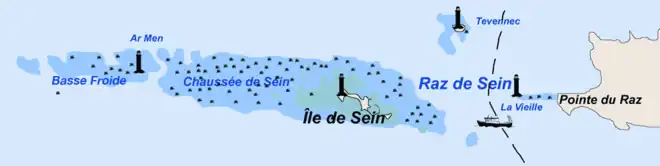 Carte de l'île et de la chaussée de Sein, incluant le phare d'Ar-Men.