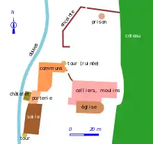 Plan légendé en couleurs des bâtiments d'un domaine.