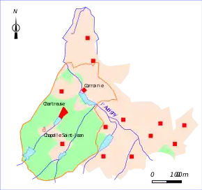 Carte en couleurs des contours d'un domaine seigneurial.