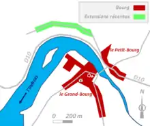 Plan très schématisé d'un centre urbain montrant le noyau historique et ses extensions récentes.