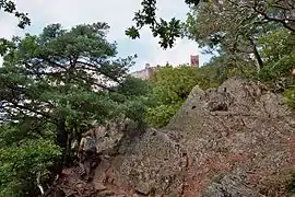 Chemin escarpé avec le château de Grand-Ribeaupierre.