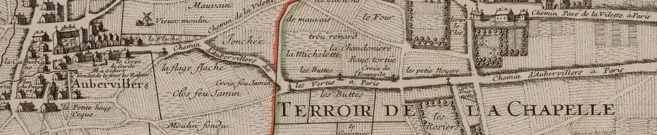 Chemin d'Aubervilliers à Paris, dit des Vertus, sur le plan du terroir de Saint-Denis en France, Inselin et Loriot, 1707.