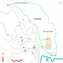 Représentation en couleurs du tracé d'un aqueduc antique, reporté sur une carte topographique.