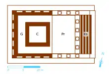 Dessin en couleurs représentant le plan détaillé d'un temple antique.