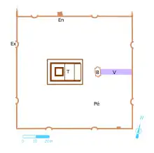 Dessin en couleurs représentant le plan général d'un temple antique.