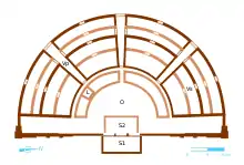 Dessin en couleurs représentant le plan d'un théâtre antique.