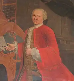 Tableau d'un homme au manteau rouge portant perruque.