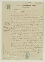 Papier jauni à en-tête de la préfecture du département de la Seine. Texte écrit à la plume. Présence de deux cachets officiels. Titre, extrait du registre des actes de naissance de 1865.