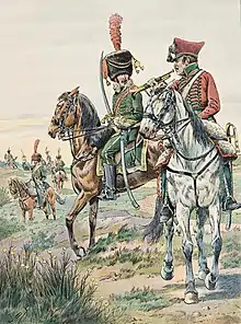 Deux cavaliers sur leurs chevaux, l'un venant de face et tourné vers la gauche, et l'autre de profil, sabre à la main, regardant de face.