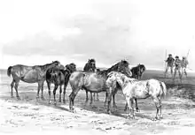 Gravure mettant en scène 6 poneys landais et en arrière plan 3 hommes sur des échasses.