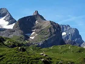 Vue du versant Nord (appelé « Fer à Cheval ») du Sex des Branlettes dont le sommet se trouve devant celui de la Pierre qu'Abotse en forme de pic à l'arrière-plan ; une partie du glacier de Paneirosse est visible sur la gauche.