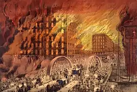 Chicago in Flames, lithographie de 1871 dépeignant la tragédie, par Currier and Ives.
