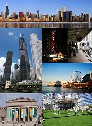 Montage photo de plusieurs lieux représentatifs de la ville américaine de Chicago.