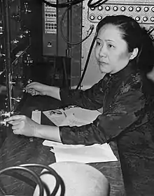 Photo en noir et blanc. Une femme (à droite) manipule des boutons d'un appareil (à gauche).
