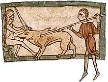 Une femme nue assise tien la corne d'une licorne pendant qu'un homme lui plante une lance dans le flanc