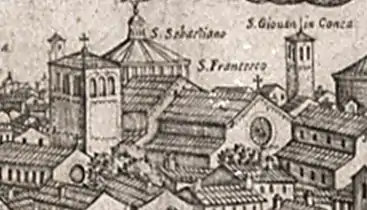 Gravure du XVIe siècle montrant une église en milieu urbain