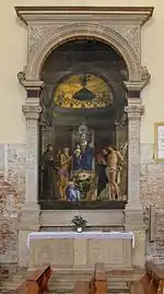 Reconstitution: retable de San Giobbe, huile/ bois 1487, 471 × 258 cm, sur son autel. Tableau : Gallerie dell' Accademia