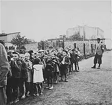 La photographie montre un groupe d'enfants du ghetto de Lodz en rangs le long d'une clôture grillagée, en attente de leur déportation au camp de Chelmno.