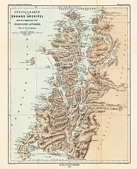 En bas à gauche : la péninsule de Taitao, la péninsule de Tres Montes et le Cabo Tres Montes sur une carte allemande de 1878.