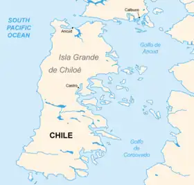 Le golfe d'Ancud entre l'île de Chiloé et le Chili continental.