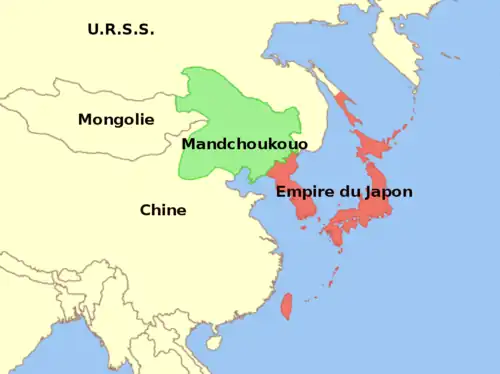 Carte de l'Asie montrant en rouge l'empire du Japon et en vert le Mandchoukouo.