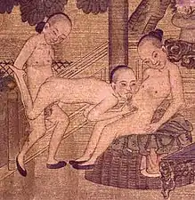 Rouleau de papier chinois aquarellé (fin XIXe siècle) montrant un jeune homme pratiquant la sexualité orale sur un autre garçon.