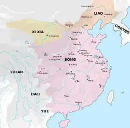 La carte représente la carte de la Chine avec la distribution des forces en Chine à l'époque de la dynastie des Song du nord. Le territoire Song est représenté en rouge. Les territoires Liao et Xi Xia (Xia occidentaux) sont représentés au nord.
