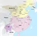 La Chine au XIIe siècle. Le nord de la ligne Qinling-Huaihe était sous le contrôle de la dynastie Jin, tandis que le sud était sous le contrôle de la dynastie Song.