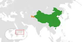 En vert, la république populaire de Chine, en orange le Tadjikistan