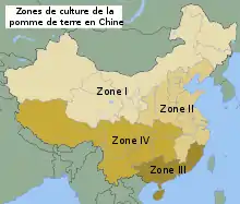 Carte de la république populaire de Chine illustrant les quatre zones de culture de la pomme de terre.