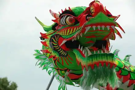 Tête de dragon chinois verte en tissu.